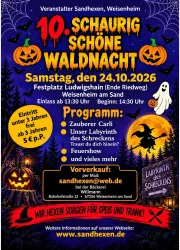 Bblaues Plakat mit Kürbissen, Gespenstern und Hexen zur 10. schaurig schönen Waldnacht der Sandhexen Weisenheim/Sd.