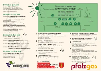 Ein Veranstaltungsflyer für die Ereignisse unter den Linden. Er enthält Termine, Programmpunkte und Sponsoreninformationen.