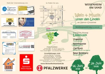 Ein Veranstaltungsplakat für "Wein & Musik unter den Linden" in Weisenheim am Sand. Es zeigt Informationen über Livemusik und Sponsoren.
