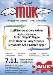 Plakat von Flying MUK mit den Namen der  Interpreten, Veranstaltungsadresse und dem MUK-Logo mit Flügeln