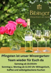 Plakat mit einer Flasche Weißwein, zwei Gläsern und einem Strauß Pfingstrosen.
