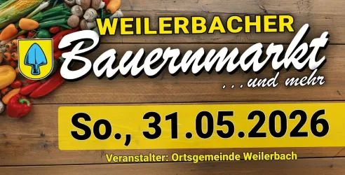 Ein Plakat für den Weilerbacher Bauernmarkt, das frisches Gemüse zeigt. Das Event findet am Sonntag, den 31. Mai 2026, statt.
