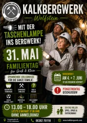 Ein Familien-Event im Kalkbergwerk Wolfstein findet am 31. Mai statt. Besuchen Sie den spannenden Tag mit Aktivitäten für Groß und Klein von 13 bis 18 Uhr.