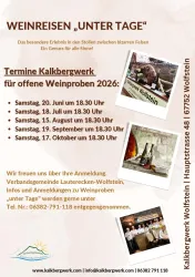 Ein Flyer für Weinproben im Kalkberwerk Wolfstein. Die Informationen umfassen Termine und Kontaktdaten zur Anmeldung.