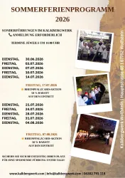 Ein Informationsblatt über das Sommerferienprogramm 2026 im Kalkbergwerk Wolkenstein. Es enthält Termine für Sonderführungen und Rabatte auf den Eintritt.