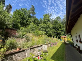 Ein schöner Garten mit bunten Blumen und grünen Bäumen. Im Hintergrund ist ein sonniger Himmel und ein Teil des Hauses sichtbar.