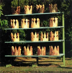 Eine Sammlung von Holzkrönchen auf mehreren Regalen. Die Krönchen sind unterschiedlich gestaltet und zeigen natürliche Holzmaserungen.