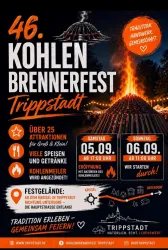 Das Bild bewirbt das 46. Kohlenbrennerfest in Trippstadt. Es zeigt Informationen zu Attraktionen, Speisen und Getränken sowie das Datum des Festivals.