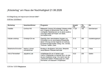 Ein Veranstaltungskalender für den „Kräutertag“ am Haus der Nachhaltigkeit. Der Zeitplan enthält verschiedene Workshops und Ausflüge sowie deren Leiter und Orte.