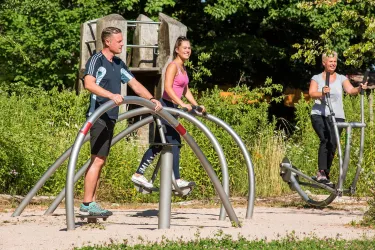 Drei Personen stehen an Fitnessgeräten in einem Park. Sie trainieren in der Sonne zwischen Bäumen und Grünflächen.