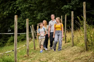 Eine Familie wandert auf einem schönen Weg zwischen Holzpfosten. Sie wirken entspannt und genießen die Natur.