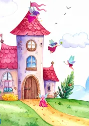 Ein zauberhaftes Schloss mit einem roten Dach und einem bunten Garten. Feen fliegen fröhlich um das Schloss herum.