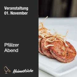 Ein Teller mit saftigem Fleisch und knusprigen Zwiebelringen. Das Bild bewirbt einen besonderen Pfälzer Abend am 01. November.