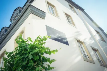 Ein helles Gebäude mit einem modernen Design. Im Vordergrund sind grüne Pflanzen zu sehen, die eine einladende Atmosphäre schaffen.