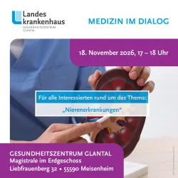 Ein Informationsflyer über eine Veranstaltung zum Thema "Nierenerkrankungen". Die Veranstaltung findet am 18. November 2026 im Gesundheitszentrum Glantal statt.