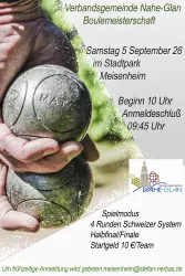 Ein Plakat für die Boulemeisterschaft in Meisenheim. Es zeigt eine Hand, die eine Boulekugel hält, und enthält wichtige Informationen zum Event.