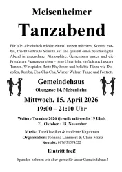 Ein Tanzabend im Gemeindehaus in Meisenheim mit verschiedenen Tanzstilen. Die Veranstaltung findet am 15. April 2026 von 19:00 bis 21:00 Uhr statt.