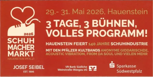 Ein Werbebanner für den Schuhmacher Markt in Hauenstein 2026. Es zeigt das Datum, eine Veranstaltungsankündigung und Informationen über Bands und Programme.