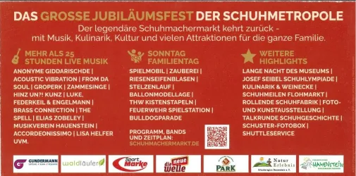 Ein buntes Plakat zum Jubiläumsfest der Schuhmetropole. Es informiert über Live-Musik, kulinarische Angebote und Family-Entertainment für alle Altersgruppen.