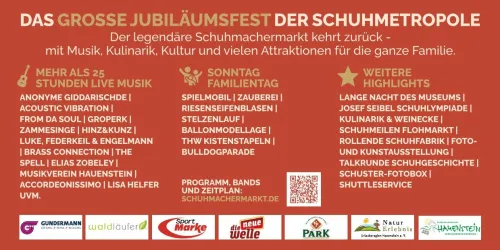 Ein Plakat für das große Jubiläumsfest der Schuhmetropole. Es werden Musik, kulinarische Highlights und Attraktionen für die ganze Familie angekündigt.