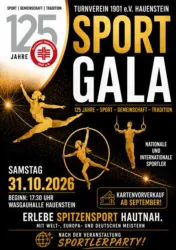 Ein Plakat für die Sportgala des Turnvereins 1901 e.V. Hauenstein. Es zeigt Informationen zu Datum, Uhrzeit und Sportarten sowie die Feier des 125-jährigen Bestehens.