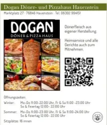 Ein Werbeplakat für das Dogan Döner- und Pizzahaus in Hauenstein. Es zeigt verschiedene Gerichte, einschließlich Döner und Pizza, sowie Kontaktinformationen und Öffnungszeiten.