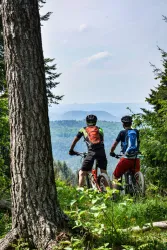 Zwei Radfahrer blicken auf eine wunderschöne Landschaft mit Bergen und Wäldern. Die Umgebung ist grün und einladend, ideal für Outdoor-Aktivitäten.