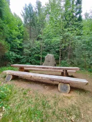 Eine rustikale Holztischgarnitur steht umgeben von Bäumen in der Natur. Im Hintergrund ist ein großer Stein zu sehen.