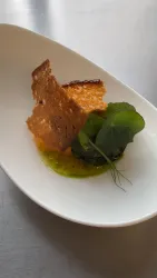 Ein kunstvoll angerichteter Teller mit knusprigem Brot und frischen Kräutern. Dazu liegt eine leuchtend grüne Sauce auf dem Teller.