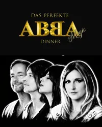 Eine künstlerische Darstellung von vier Personen, die an einem ABBA-Dinner teilnehmen. Der Hintergrund ist schwarz, und der Titel in Goldschrift hebt das Thema hervor.