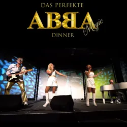 Ein Live-Auftritt einer ABBA-Tribute-Band auf der Bühne. Die Sänger und Musiker präsentieren eine energische Show mit bunten Lichtern.