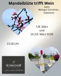 Ein Werbeflyer für eine Veranstaltung in Edesheim. Es zeigt Mandelblüten und Wein in herzförmigen Designs.