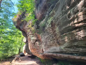 Ein beeindruckender Felsen in einem Wald mit viel grünem Laub. Der Weg verläuft entlang der Felswand und bietet eine malerische Aussicht.
