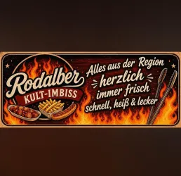 Ein farbenfrohes Schild für einen Imbiss mit der Aufschrift "Rodalber Kult-Imbiss". Es zeigt regionale Speisen und beschreibt sie als frisch, schnell, heiß und lecker.