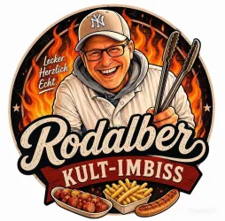 Ein fröhlicher Mann mit Brille hält eine Grillzange und lächelt. Um ihn herum sind leckere Speisen wie Würstchen und Pommes in einem stilvollen Logo des Rodalber Kult-Imbiss.