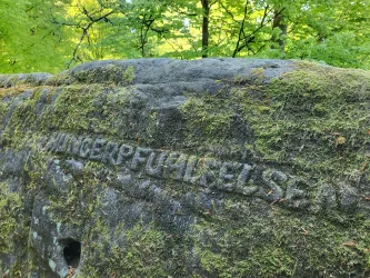 Ein verwitterter Stein mit einer älteren Gravur. Die Umgebung ist grün und naturnah.
