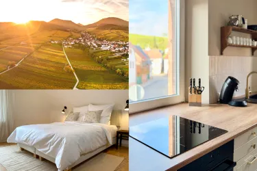 Fotocollage über das Ferienhaus: Eine malerische Landschaft mit sanften Hügeln und Weinbergen, die von der Abendsonne beleuchtet wird. Foto einer modernen Küche mit Blick ins Grüne. Ein helles Schlafzimmer mit Boxspringbett.