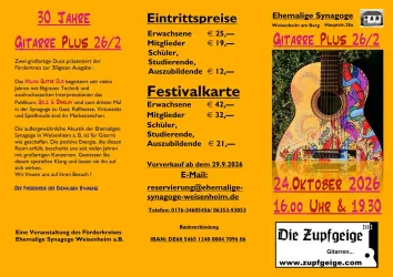 Ein Bild mit einer bunten Gitarre, den Eintrittspreisen, der Kontaktadresse und einer kurzen Erklärung zu den Musikern.