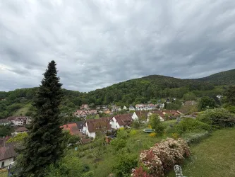 Eine malerische Aussicht auf ein Dorf eingebettet in grüne Hügel. Der Himmel ist bewölkt und der Garten ist mit bunten Blumen geschmückt.
