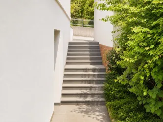 Eine moderne Treppe führt zwischen weißen Wänden und grünen Pflanzen nach oben. Die Umgebung ist hell und einladend.