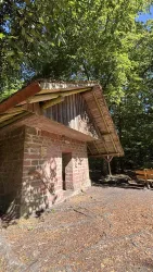 Eine gemütliche Holzunterkunft im Wald, umgeben von Bäumen. Der Boden ist mit losen Nadeln bedeckt und eine Sitzgelegenheit ist in der Nähe.