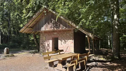 Eine kleine Holzschutzhütte im Wald mit einer Holzbank und Sitzgelegenheit. Die Umgebung ist grün und ruhig, ideal für eine Pause in der Natur.