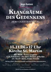 Ein Plakat für ein Konzert mit dem Titel "Klangräume des Gedenkens" zum Volkstrauertag. Es zeigt Informationen über das Datum, die Uhrzeit und den Veranstaltungsort in der Kirche St. Martin.