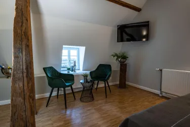 Ein modernes Zimmer mit gemütlichen grünen Stühlen und einem kleinen Tisch. An der Wand hängt ein Fernseher, und ein Fenster lässt viel Licht herein.