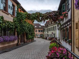Eine malerische Straße mit bunten Blumen und grünen Pflanzen. Die Häuser sind im traditionellen Stil gehalten und verleihen der Szene ein charmantes Ambiente.