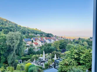 Eine malerische Landschaft mit Häusern am Hang und üppigem Grün. Im Hintergrund erstreckt sich der klare Himmel über der Umgebung.