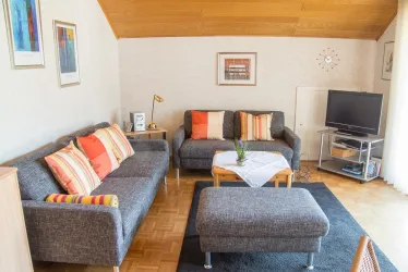 Ein gemütliches Wohnzimmer mit grauen Sofas und bunten Kissen. Ein Fernseher steht auf einem Tisch, und ein kleiner Pflanze dekoriert den Raum.