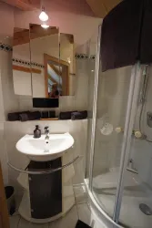 Waschtisch mit Spiegelschrank, daneben Dusche mit Glastür