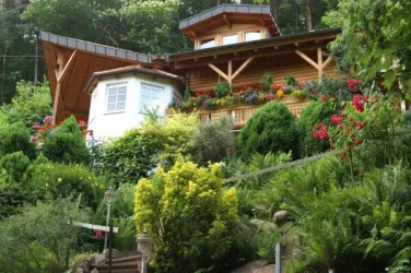Haus Frontansicht am Waldrand rundum im Grünen in bewaldeter Landschaft