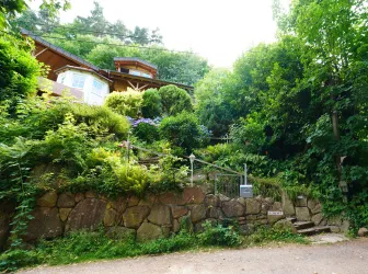 Eine grüne, bewaldete Landschaft mit einem gepflasterten Weg, der zu einem gepflegten Garten führt. Im Hintergrund sind charmante Gebäude zwischen den Bäumen sichtbar.